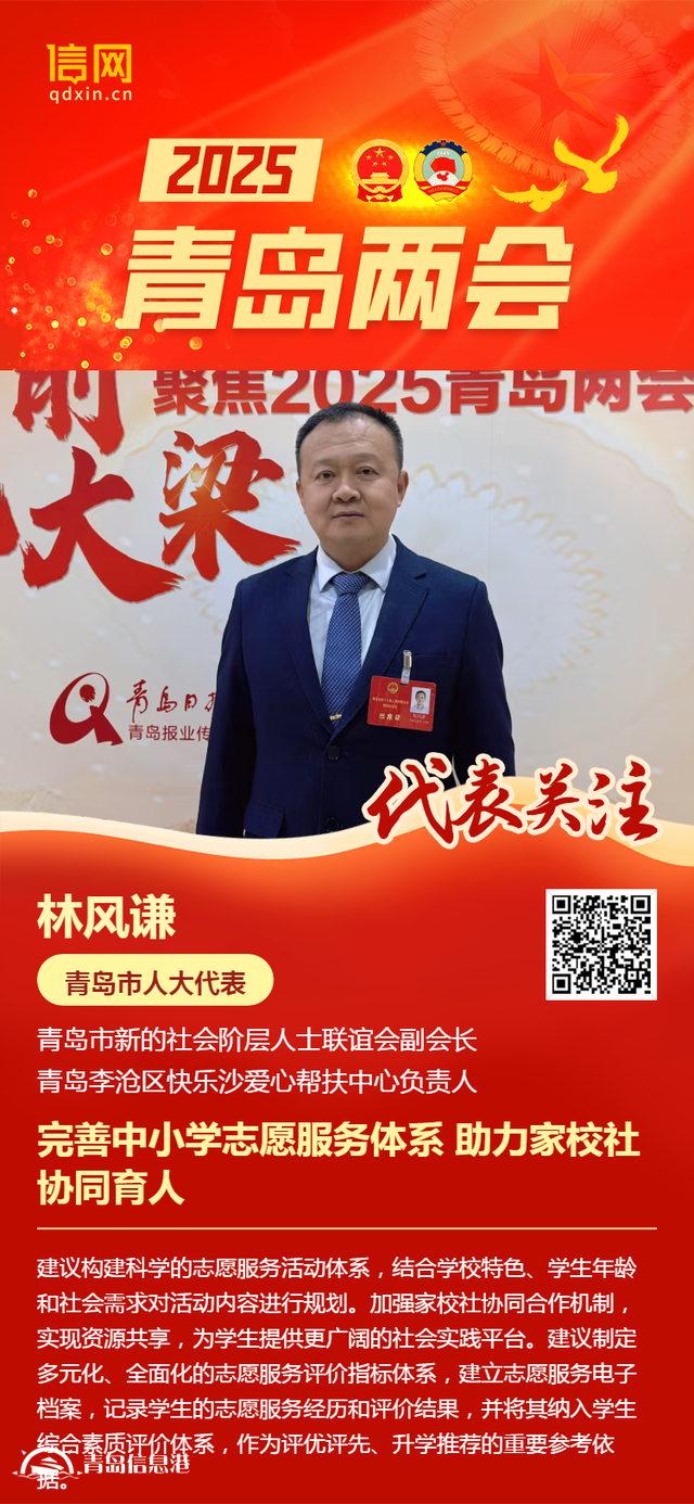 青島市人大代表林風(fēng)謙：完善中小學(xué)志愿服務(wù)體系 助力家校社協(xié)同育人