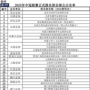 足協(xié)公示2025年中冠聯(lián)賽報(bào)名俱樂(lè)部 青島兩隊(duì)在列